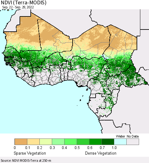 Western Africa NDVI (Terra-MODIS) Thematic Map For 9/22/2022 - 9/29/2022