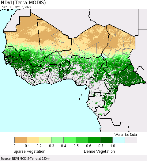 Western Africa NDVI (Terra-MODIS) Thematic Map For 9/30/2022 - 10/7/2022