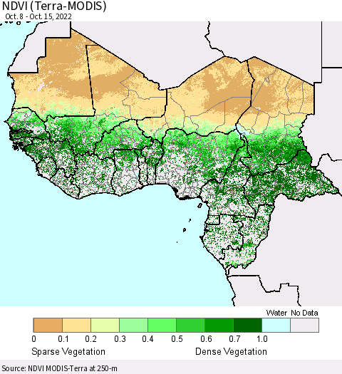 Western Africa NDVI (Terra-MODIS) Thematic Map For 10/8/2022 - 10/15/2022
