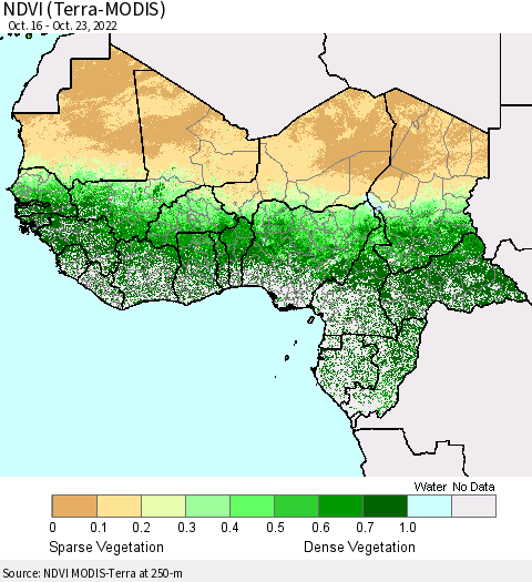 Western Africa NDVI (Terra-MODIS) Thematic Map For 10/16/2022 - 10/23/2022