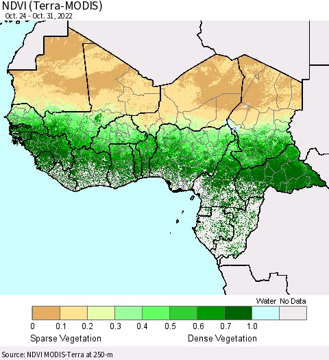 Western Africa NDVI (Terra-MODIS) Thematic Map For 10/24/2022 - 10/31/2022