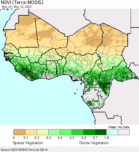 Western Africa NDVI (Terra-MODIS) Thematic Map For 3/14/2023 - 3/21/2023