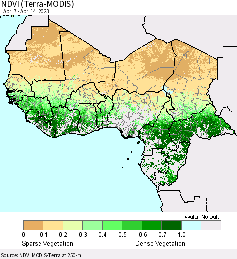 Western Africa NDVI (Terra-MODIS) Thematic Map For 4/7/2023 - 4/14/2023