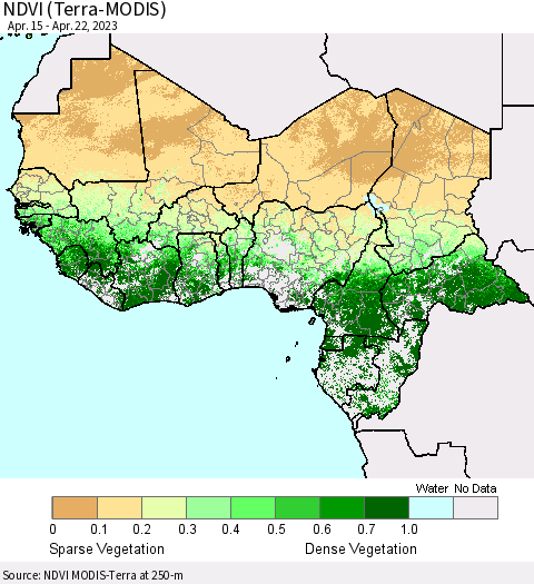 Western Africa NDVI (Terra-MODIS) Thematic Map For 4/15/2023 - 4/22/2023