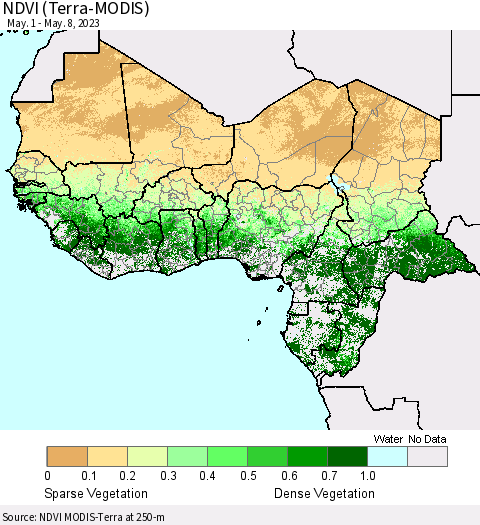 Western Africa NDVI (Terra-MODIS) Thematic Map For 5/1/2023 - 5/8/2023