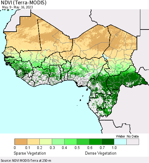 Western Africa NDVI (Terra-MODIS) Thematic Map For 5/9/2023 - 5/16/2023