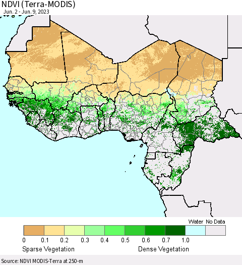 Western Africa NDVI (Terra-MODIS) Thematic Map For 6/2/2023 - 6/9/2023
