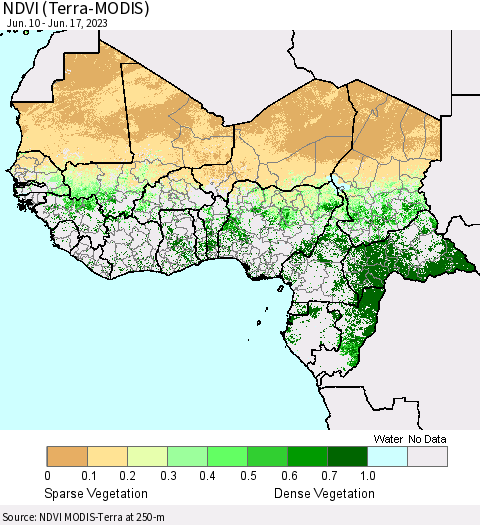Western Africa NDVI (Terra-MODIS) Thematic Map For 6/10/2023 - 6/17/2023