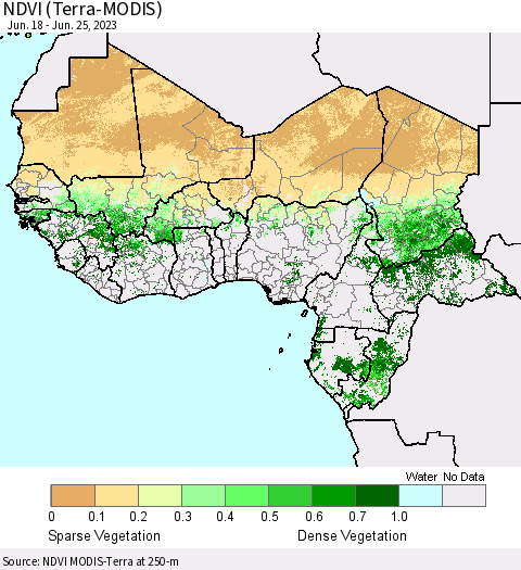 Western Africa NDVI (Terra-MODIS) Thematic Map For 6/18/2023 - 6/25/2023