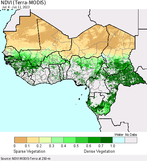 Western Africa NDVI (Terra-MODIS) Thematic Map For 7/4/2023 - 7/11/2023