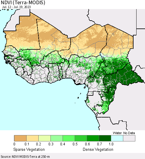 Western Africa NDVI (Terra-MODIS) Thematic Map For 7/12/2023 - 7/19/2023
