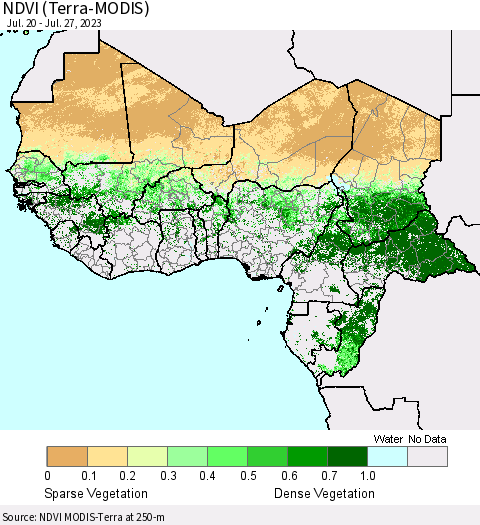 Western Africa NDVI (Terra-MODIS) Thematic Map For 7/20/2023 - 7/27/2023