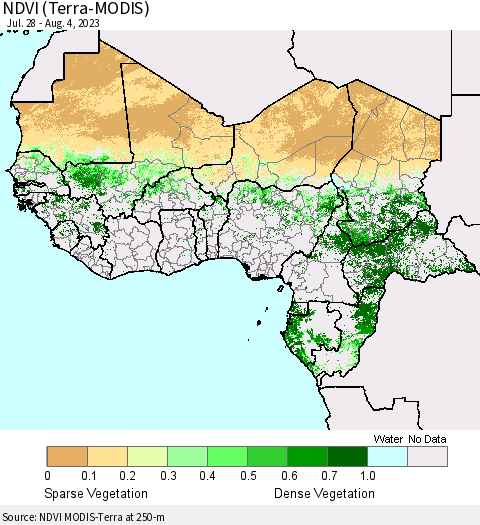 Western Africa NDVI (Terra-MODIS) Thematic Map For 7/28/2023 - 8/4/2023