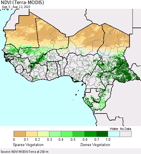 Western Africa NDVI (Terra-MODIS) Thematic Map For 8/5/2023 - 8/12/2023