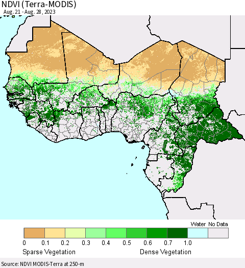 Western Africa NDVI (Terra-MODIS) Thematic Map For 8/21/2023 - 8/28/2023