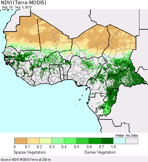 Western Africa NDVI (Terra-MODIS) Thematic Map For 8/29/2023 - 9/5/2023