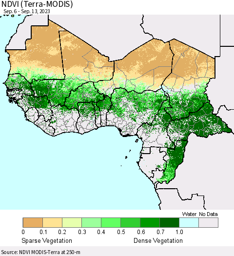 Western Africa NDVI (Terra-MODIS) Thematic Map For 9/6/2023 - 9/13/2023