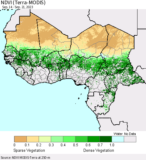 Western Africa NDVI (Terra-MODIS) Thematic Map For 9/14/2023 - 9/21/2023