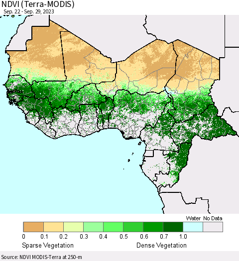 Western Africa NDVI (Terra-MODIS) Thematic Map For 9/22/2023 - 9/29/2023