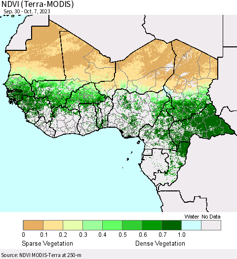Western Africa NDVI (Terra-MODIS) Thematic Map For 9/30/2023 - 10/7/2023