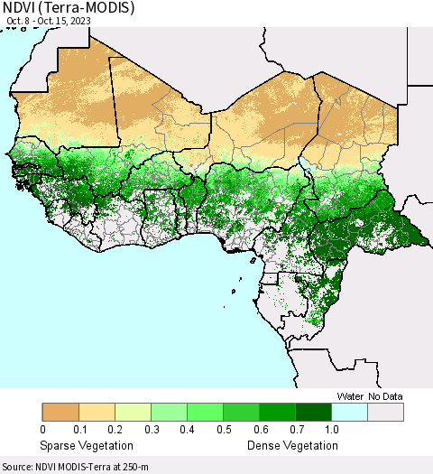 Western Africa NDVI (Terra-MODIS) Thematic Map For 10/8/2023 - 10/15/2023