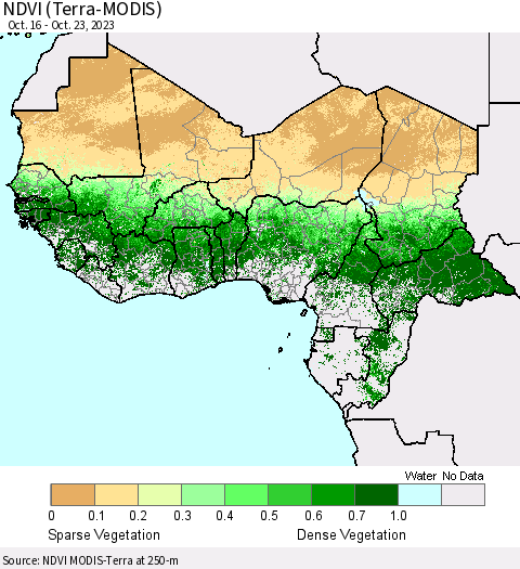 Western Africa NDVI (Terra-MODIS) Thematic Map For 10/16/2023 - 10/23/2023