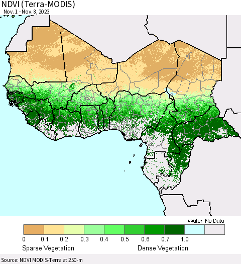 Western Africa NDVI (Terra-MODIS) Thematic Map For 11/1/2023 - 11/8/2023