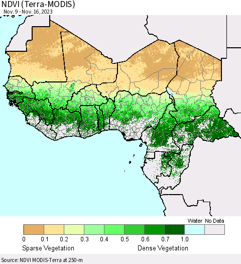 Western Africa NDVI (Terra-MODIS) Thematic Map For 11/9/2023 - 11/16/2023