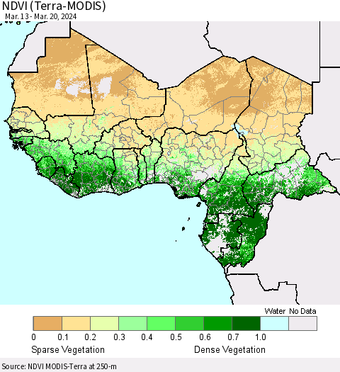 Western Africa NDVI (Terra-MODIS) Thematic Map For 3/13/2024 - 3/20/2024