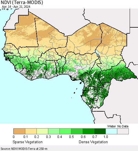 Western Africa NDVI (Terra-MODIS) Thematic Map For 4/14/2024 - 4/21/2024