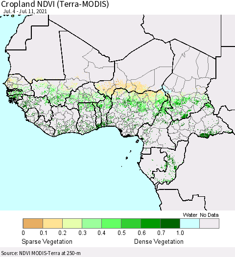 Western Africa Cropland NDVI (Terra-MODIS) Thematic Map For 7/4/2021 - 7/11/2021
