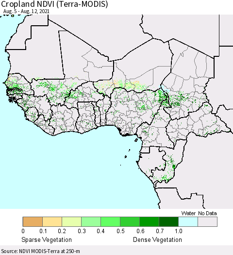 Western Africa Cropland NDVI (Terra-MODIS) Thematic Map For 8/5/2021 - 8/12/2021