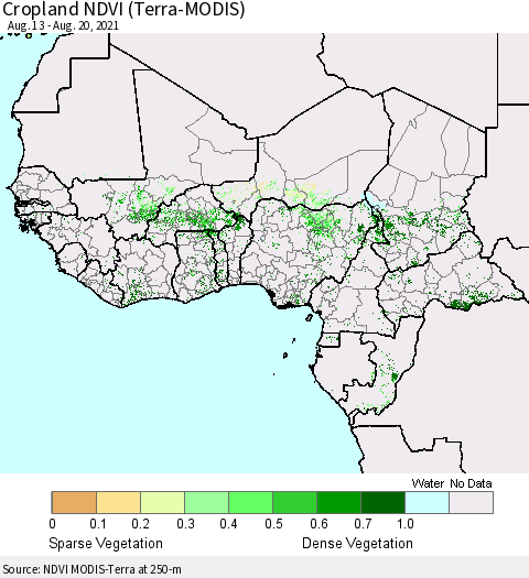 Western Africa Cropland NDVI (Terra-MODIS) Thematic Map For 8/13/2021 - 8/20/2021