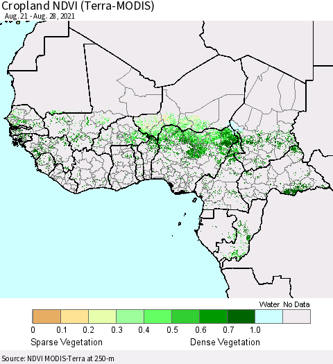 Western Africa Cropland NDVI (Terra-MODIS) Thematic Map For 8/21/2021 - 8/28/2021