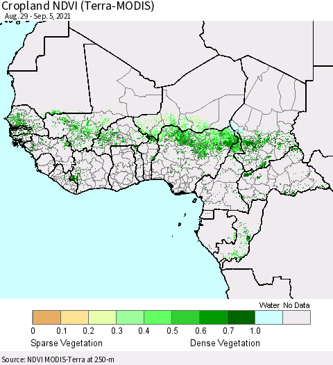 Western Africa Cropland NDVI (Terra-MODIS) Thematic Map For 8/29/2021 - 9/5/2021