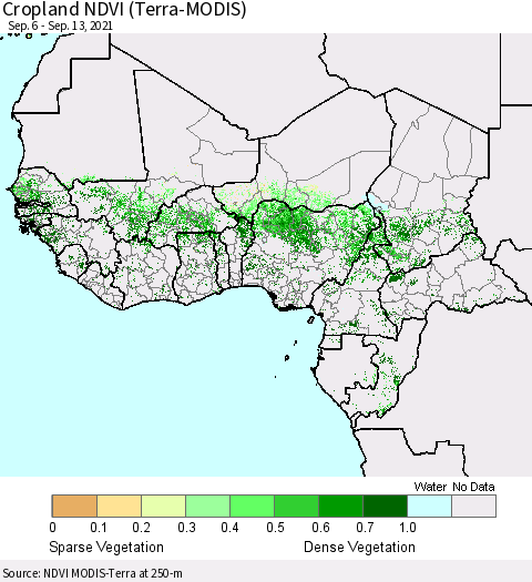 Western Africa Cropland NDVI (Terra-MODIS) Thematic Map For 9/6/2021 - 9/13/2021
