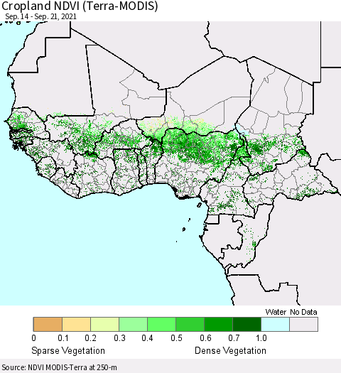 Western Africa Cropland NDVI (Terra-MODIS) Thematic Map For 9/14/2021 - 9/21/2021