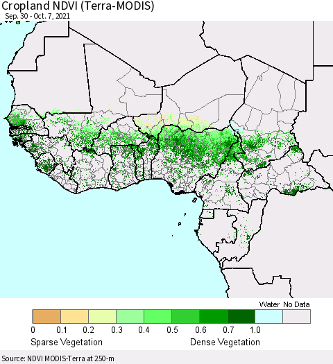 Western Africa Cropland NDVI (Terra-MODIS) Thematic Map For 9/30/2021 - 10/7/2021