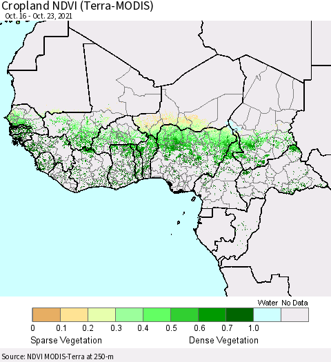 Western Africa Cropland NDVI (Terra-MODIS) Thematic Map For 10/16/2021 - 10/23/2021