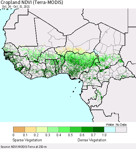 Western Africa Cropland NDVI (Terra-MODIS) Thematic Map For 10/24/2021 - 10/31/2021