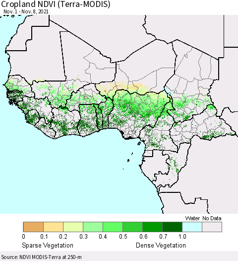 Western Africa Cropland NDVI (Terra-MODIS) Thematic Map For 11/1/2021 - 11/8/2021