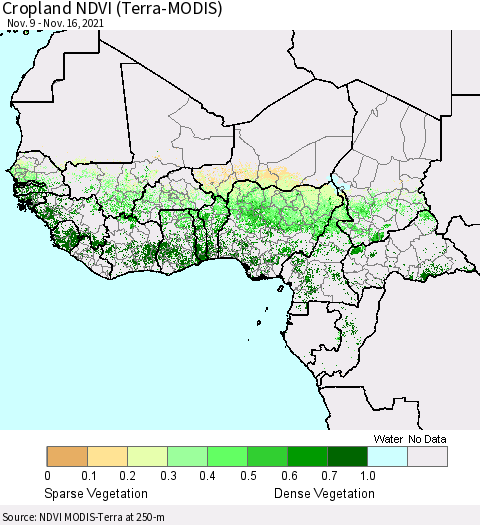 Western Africa Cropland NDVI (Terra-MODIS) Thematic Map For 11/9/2021 - 11/16/2021