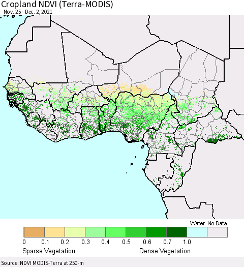 Western Africa Cropland NDVI (Terra-MODIS) Thematic Map For 11/25/2021 - 12/2/2021