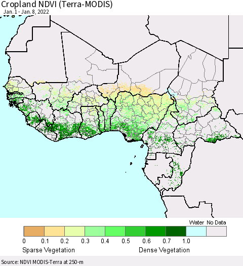 Western Africa Cropland NDVI (Terra-MODIS) Thematic Map For 1/1/2022 - 1/8/2022