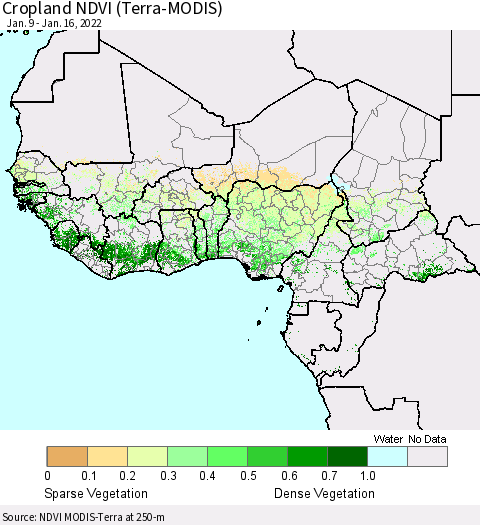 Western Africa Cropland NDVI (Terra-MODIS) Thematic Map For 1/9/2022 - 1/16/2022