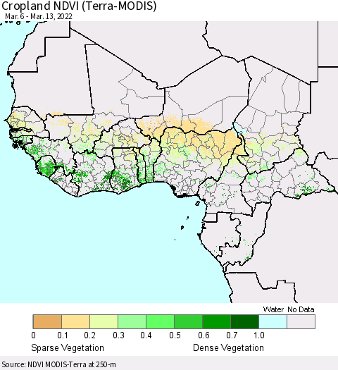 Western Africa Cropland NDVI (Terra-MODIS) Thematic Map For 3/6/2022 - 3/13/2022