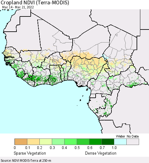 Western Africa Cropland NDVI (Terra-MODIS) Thematic Map For 3/14/2022 - 3/21/2022