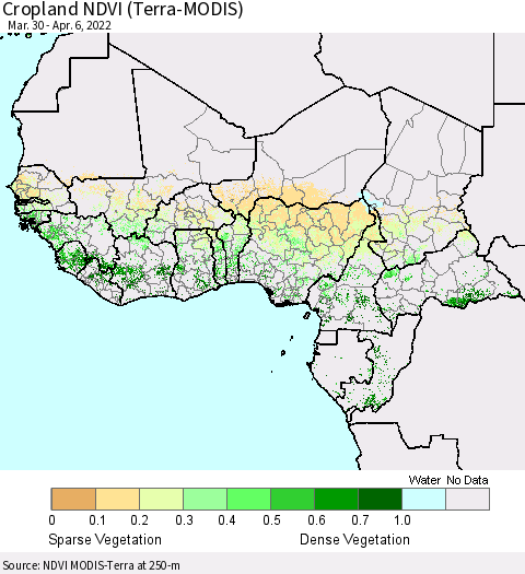 Western Africa Cropland NDVI (Terra-MODIS) Thematic Map For 3/30/2022 - 4/6/2022