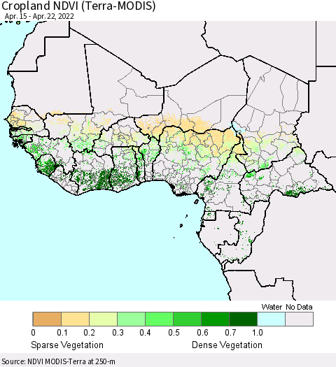 Western Africa Cropland NDVI (Terra-MODIS) Thematic Map For 4/15/2022 - 4/22/2022