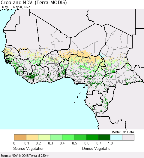 Western Africa Cropland NDVI (Terra-MODIS) Thematic Map For 5/1/2022 - 5/8/2022